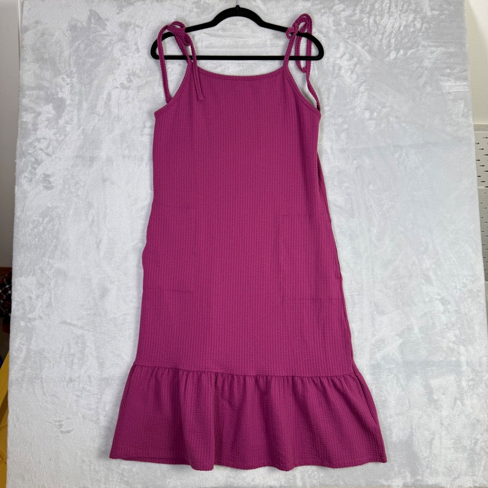 Toad&Co Dress Womens Small Purple Waffle Knit Tie Strap Ruffle Hem Pockets